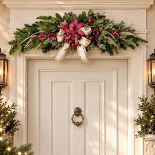 Tralcio fuoriporta Fiori di Lena da 100 cm con decoro floreale bordeaux, verde natalizio e nastri champagne, ideale per decorare l’ingresso a Natale.