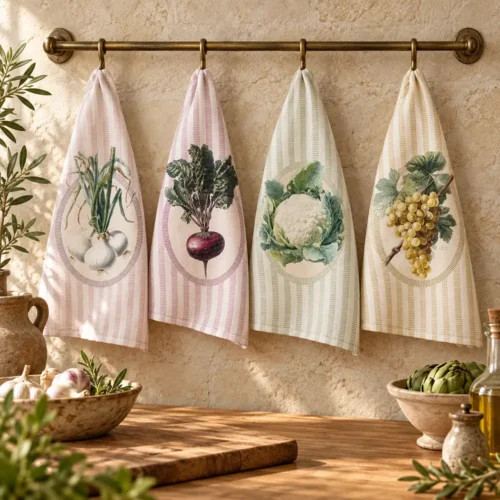 Assortiment de torchons en coton à rayures claires avec illustrations botaniques de raisin, ail, betterave et chou-fleur.