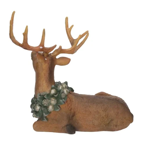 Renna seduta in resina con ghirlanda e pigne h 35 cm - immagine 3