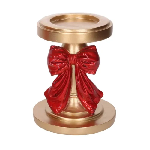 Porte-cierge en résine dorée avec nœud rouge Ø 16 × H 19 cm – Image 2