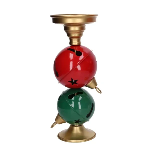 Portacandele natalizio in metallo dorato con campanelli rossi e verdi H35 cm - immagine 3