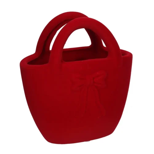 Porte-vase sac à main en céramique floquée rouge avec nœud H23 cm – Image 3