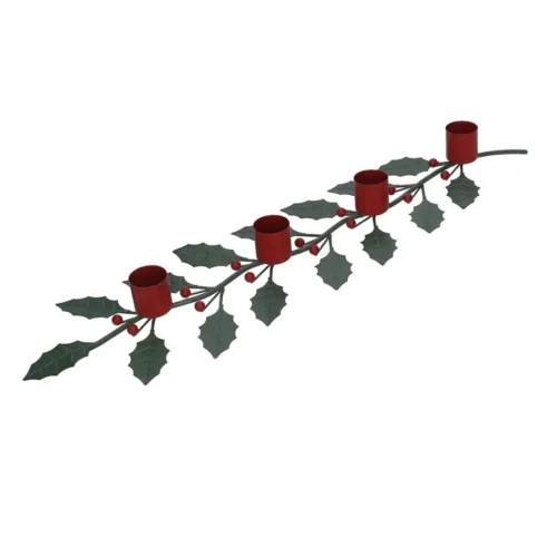 Alternative view of Portacandele natalizio in metallo verde con bacche rosse 4 fiamme L 48 cm