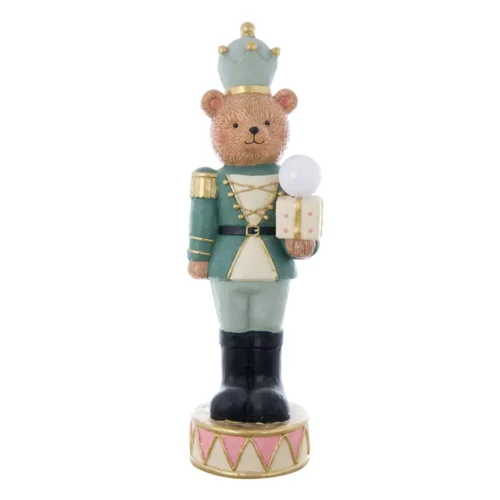 Orsacchiotto soldatino Blanc Mariclò Teddy con divisa verde e oro, cappello verde salvia, pacco regalo e sfera LED.
