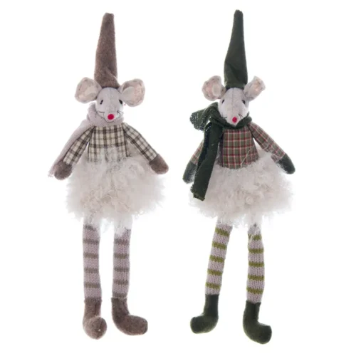 Topolino Elleboro Blanc Mariclò con cappello a punta, sciarpa, abito a quadri, finitura riccia color crema e gambe a righe.