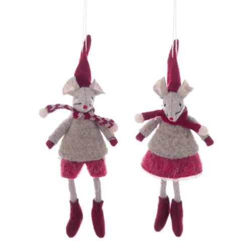 Coppia topini Elleboro Blanc Mariclò da appendere con maglioncini beige, pantaloncini e gonna rossi, sciarpe con pompon e cappelli a punta.