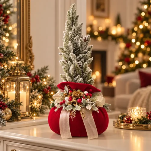 Fiori di Lena Petit sapin de Noël avec pouf en velours rouge H 50 × Ø 25 cm
