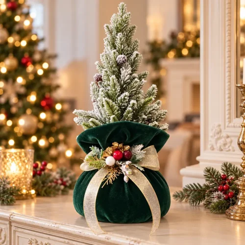 Fiori di Lena Petit sapin de Noël avec sac en velours vert anglais H 40 × Ø 16 cm