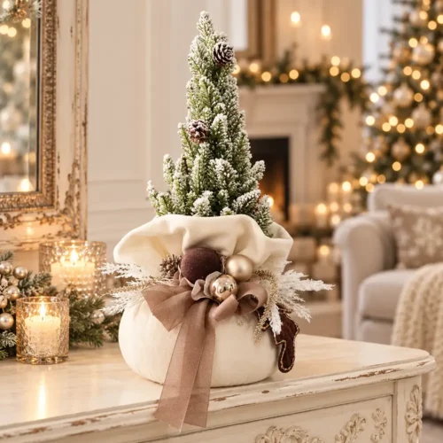 Fiori di Lena Petit sapin de Noël avec sac en velours ivoire H 40 × Ø 16 cm