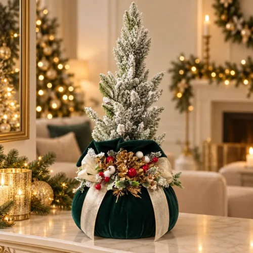 Petit sapin de Noël Fiori di Lena avec pouf en velours vert anglais H 50 × Ø 25 cm