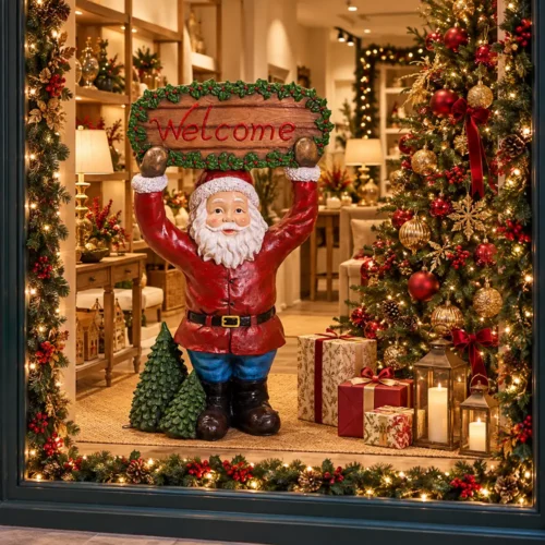 Babbo Natale in resina con cartello Welcome H120 cm