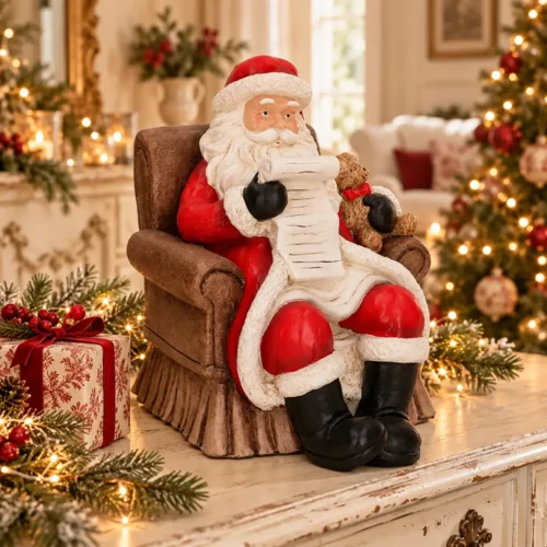 Babbo Natale in resina su trono con orsetto e lista dei desideri H35 cm