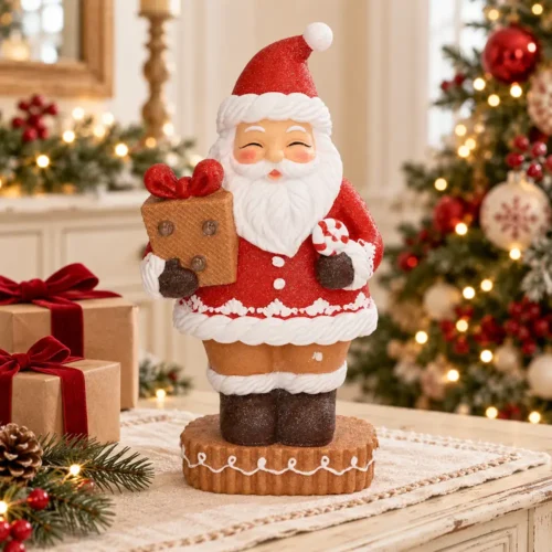 Babbo Natale in resina con pacco regalo e candy cane H28 cm