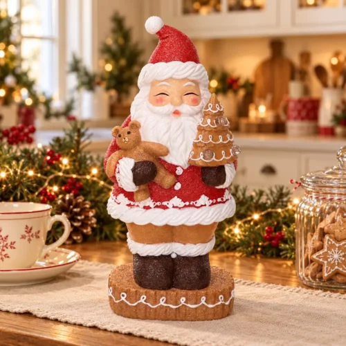 Babbo Natale in resina con orsetto e albero di biscotti H28 cm