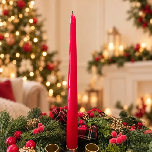 Candela laccata rossa Fiori di Lena con stoppino nero, alta 29 cm.