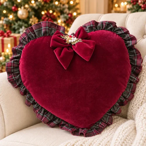 Fiori di Lena Cuscino Cuore in Velluto Amaranto con Rouches Scozzese e Fiocco 51x44 cm