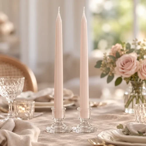Lot de deux bougies beige clair Blanc Mariclo Margot en cire, hauteur 30 cm, avec pointe effilée et bandeau en papier.