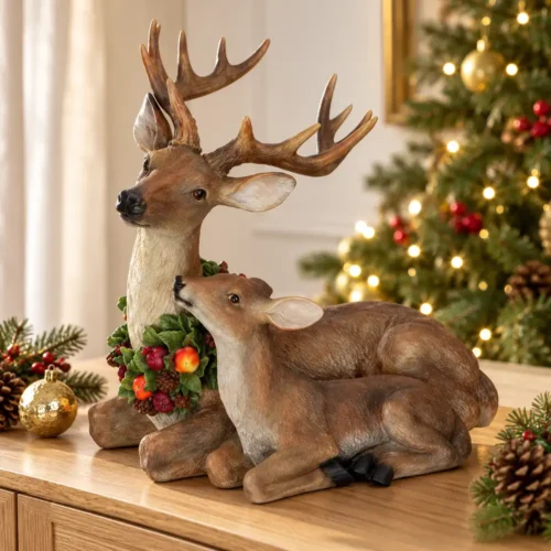 Duo de rennes mère et faon avec guirlande sur un buffet en bois, avec sapin de Noël illuminé en arrière-plan.