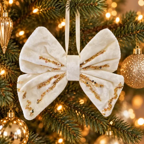 Fiocco in velluto avorio con strass e dettagli dorati, altezza 15 cm.