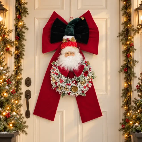 Fiori di Lena Doppio fiocco imbottito con ghirlanda e viso di Babbo Natale H 68 cm