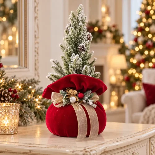 Fiori di Lena Sapin de Noël décoratif avec sac en velours rouge H 40 × Ø 16 cm
