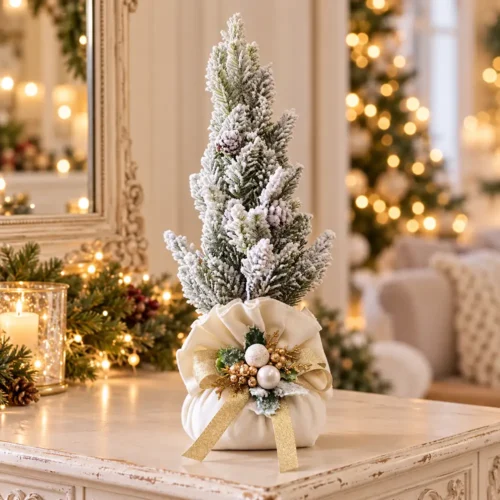 Fiori di Lena Petit sapin de Noël avec sachet en tissu ivoire H 35 × Ø 9 cm