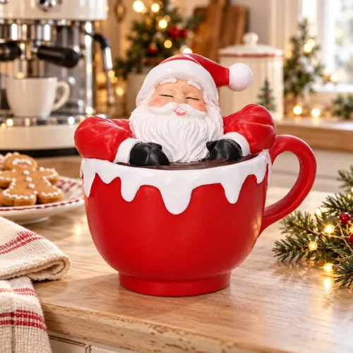 Babbo Natale in tazza rossa in resina H15 cm