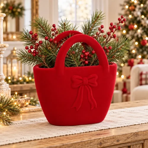 Porte-vase sac à main en céramique floquée rouge avec nœud H23 cm
