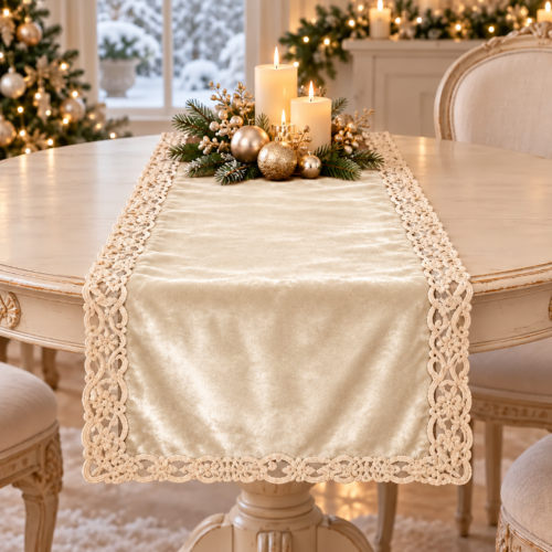 Fiori di Lena Runner velluto con pizzo 140 x 40 cm nocciola