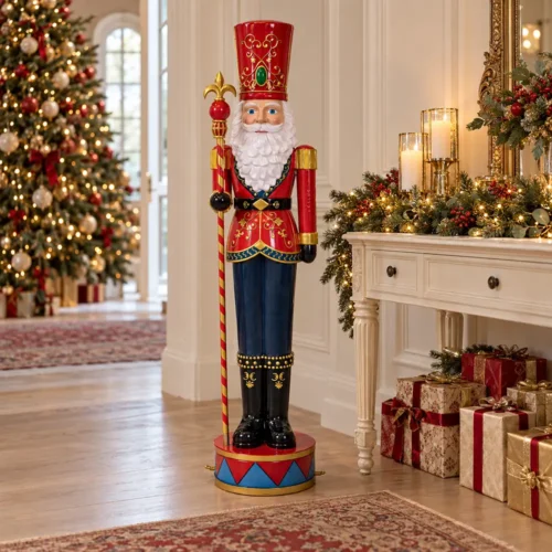 Casse-noisette de Noël en résine de 125 cm avec barbe blanche, chapeau rouge, uniforme décoré d’or et sceptre.