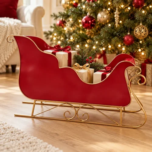 Traîneau de Noël rouge et or avec parois sinueuses et volutes décoratives sur les patins.
