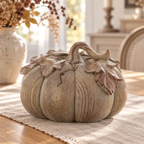 Zucca decorativa Octavia Blanc Mariclò in resina beige e tortora, con foglie in rilievo, viticci e picciolo arcuato.