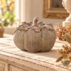 Zucca in resina Octavia Blanc Mariclò, beige e tortora con effetto legno anticato, foglie in rilievo e picciolo ricurvo.