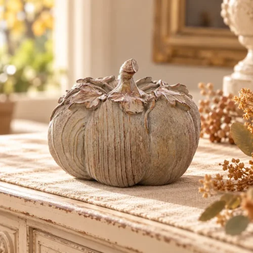 Zucca in resina Octavia Blanc Mariclò, beige e tortora con effetto legno anticato, foglie in rilievo e picciolo ricurvo.